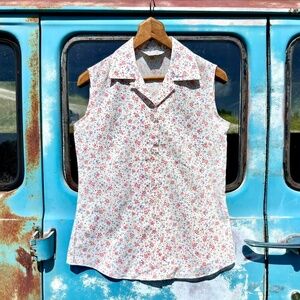 60s permanent press classic shirt ditzy floral white cotton blouse tailored fit